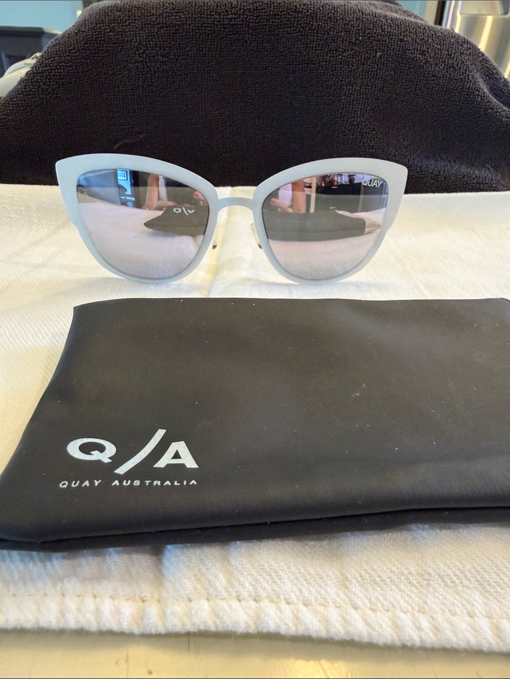 Quay Australia Super Girl White Cat Eye Sunglasses with Mirrored Lenses